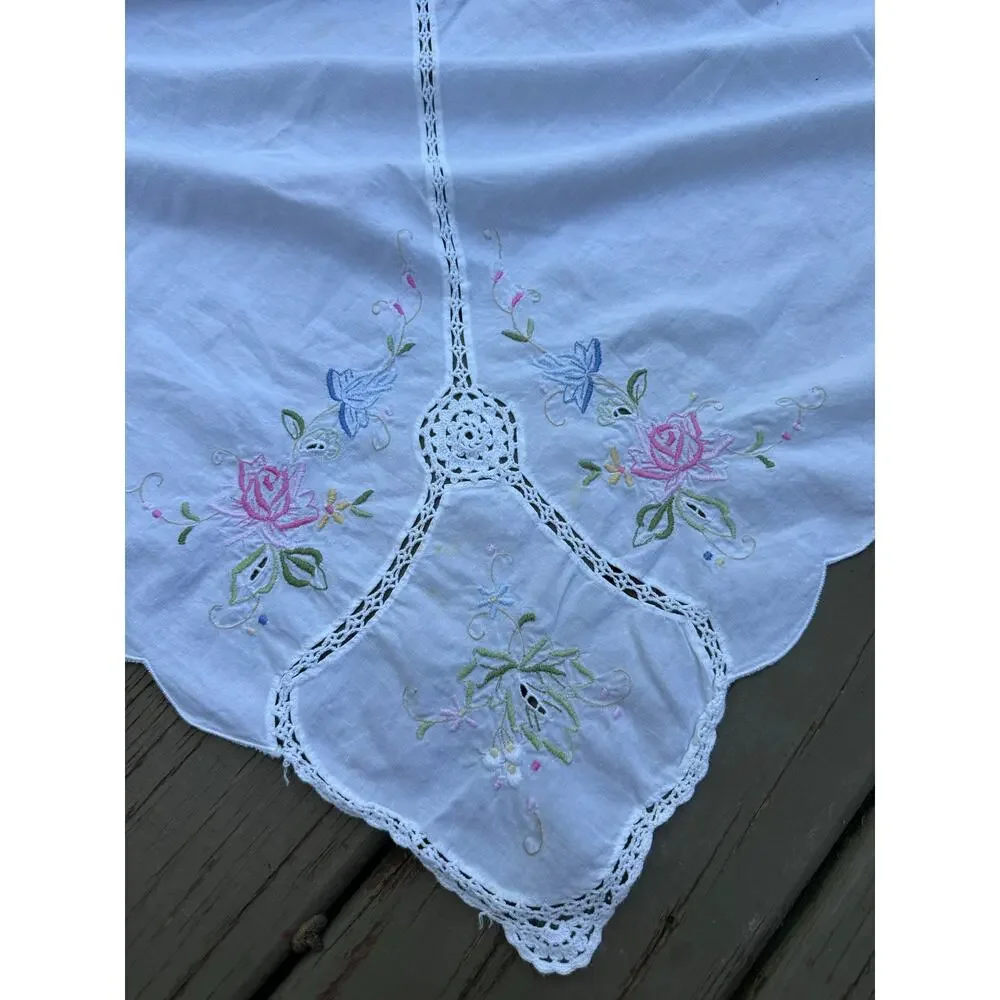 Vintage Hand Embroidered Tablecloth White floral pink blue beautiful cut out
